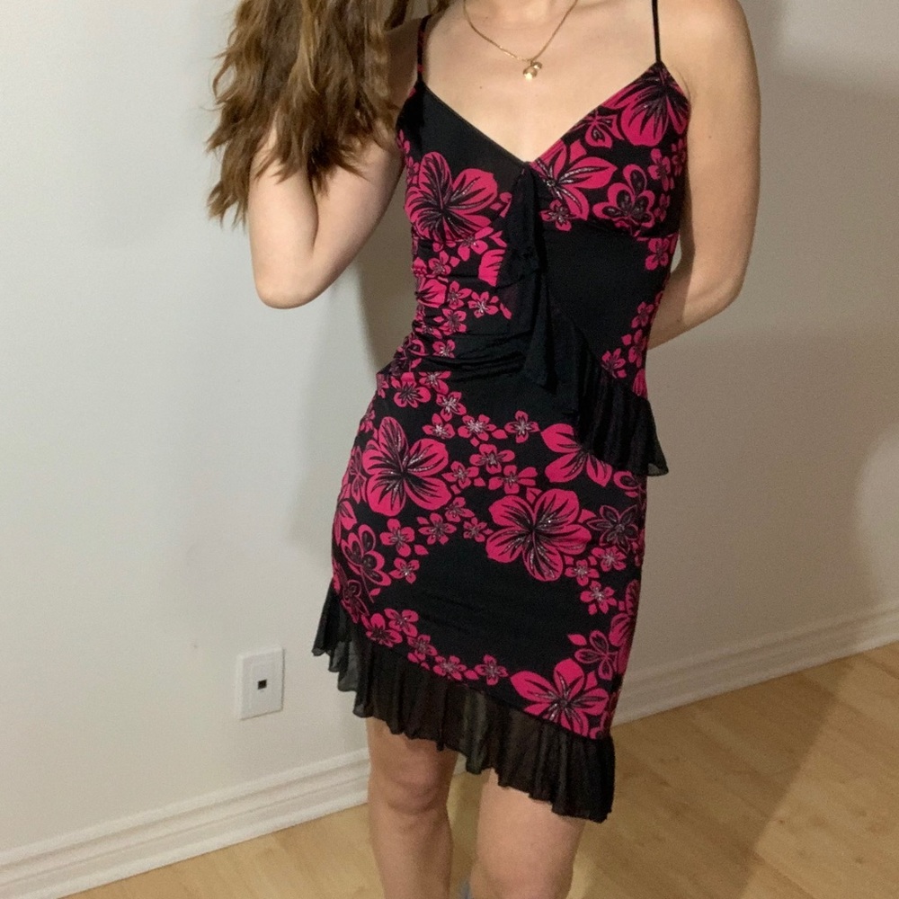 Beautiful sexy black and pink dress with flowers